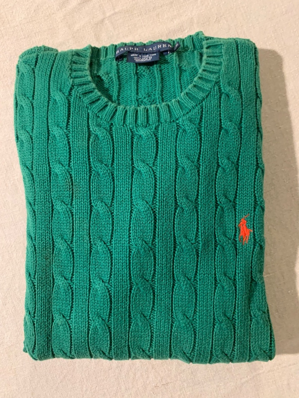 Ralph Lauren Green Cable Knit Cotton Sweater Orange Pony Crewneck M
